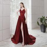 Burgundy satin long prom dress HZ1023