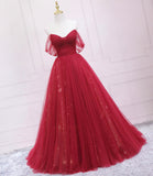 Red tulle sequins long prom dress A line evening dress HZ1023