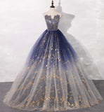 Blue tulle long prom gown blue evening dress HZ1023