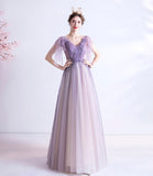 Purple v neck tulle long prom dress A line evening gown HZ1023