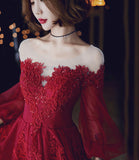 Burgundy lace long prom dress A line evening dress HZ1023