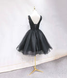 Black v neck beads short prom dress homecoming dress HZ1023