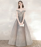 Gray tulle sequins long prom dress with star HZ1023