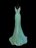Mint Green Fashion Elegant V-neck Long Mermaid Slim Fishtail Skirt Satin Floor Length Train Ball Gown Evening Gown Party Dress Prom Dress HZ1023