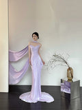 Romantic Purple Elegant Fashionable Elegant Long Satin Mermaid Slim Floor Length Train Ball Gown Evening Dress Prom Dress HZ1023