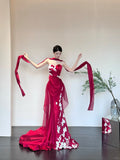 Red Elegant Delicate Floral Fashion Elegant Long Satin Tulle Mermaid Slim Fit Floor Length Trailing Ball Gown Evening Gown Prom Gown HZ1023