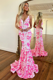 Pink V Neck Sequin Lace Mermaid Prom Dress HZ1023
