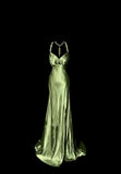 Green Retro Elegant Fashion Exquisite Beaded Shoulder Straps Long Floor Length Trailing Satin Prom Dress Evening Gown Graduation Gown HZ1023