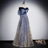Blue velvet tulle long prom dress blue evening dress HZ1023