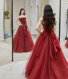 Burgundy tulle long prom dress A line evening dress HZ1023