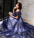 Blue tulle long prom dress with stars HZ1023
