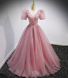 Pink tulle sequins long prom dress pink evening gown HZ1023
