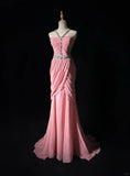Pink Gorgeous Shiny Elegant Exquisite Beaded Tulle Long Mermaid Floor Length Slim Ball Gown Evening Gown Party Dress Prom Dress HZ1023