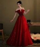 Red tulle sequins long prom dress evening gown HZ1023