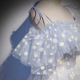 Blue tulle long A line prom dress blue evening ddress HZ1023