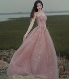 Pink A line prom dress pink tulle evening dress HZ1023