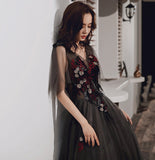 Black v neck tulle sequins long prom dress evening gown HZ1023