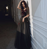 Black v neck tulle sequins long prom dress evening gown HZ1023