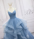 Blue tulle long prom dress blue evening gown HZ1023