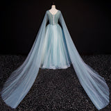 Blue tulle lace long prom dress blue evening dress HZ1023