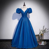 Blue saitn long prom dress A line evening gown HZ1023