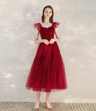 Red tulle short A line prom dress cocktail dress HZ1023