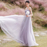 Purple tulle beads long prom dress A ine evening gown HZ1023