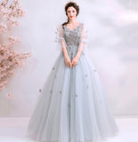 Gray tulle applique long prom dress evening gown HZ1023