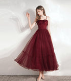 Burgundy tulle beads short prom dress homecoming dress HZ1023