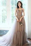 Stylish v neck tulle long A line prom dress evening dress HZ1023