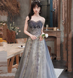 Cute tulle sequins long prom gown A line evening gown HZ1023