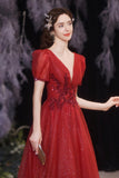 Red v neck tulle long A line prom dress evening dress HZ1023