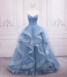 Blue tulle long prom dress blue evening gown HZ1023