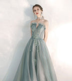 Stylish tulle lace long prom dress green evening dress HZ1023