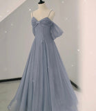 Gray tulle sequins long prom dress gray evening dress HZ1023