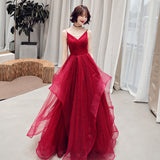 Burgundy v neck tulle long prom dress, formal dress HZ1023