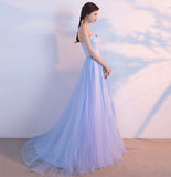 Blue tulle lace long prom dress blue evening gown HZ1023