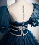 Blue tulle sequins long prom dress blue evening gown HZ1023
