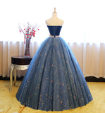 Blue tulle lace long ball gown dress blue evening dress HZ1023