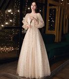 Stylish tulle sequins prom dress long sleeve evening dress HZ1023