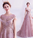 Pink tulle sequins long A line prom dress evening dress HZ1023