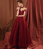 Burgundy tulle beads long A line prom dress evening dress HZ1023