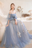 Blue lace long A line prom dress blue evening dress HZ1023