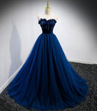 Blue velvet tulle long prom dress blue evening gown HZ1023