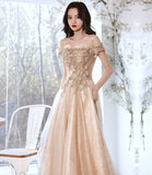 Champagne tulle lace long prom dress A line evening gown HZ1023