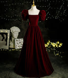 Burgundy velvet long A line prom dress evening dress HZ1023