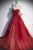 Burgundy tulle sequins long prom dress A line evening gown HZ1023