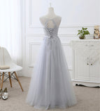 Gray tulle lace prom dress A line evening dress HZ1023