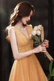 Yellow tulle tea length prom dress evening dress HZ1023