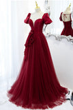 Burgundy satin tulle long prom dress evening dress HZ1023